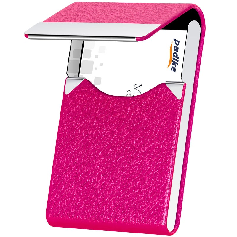 Padike PU Leather Business Card Holder for Women Professional Business Name Card Holder Stainless Steel Business Card Case with Magnetic Shut (Rose red) - Image 1